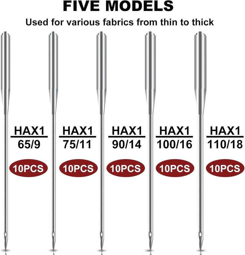 ONEHERE Sewing Machine Needles, Universal Sewing Machine Needle, Compatible with Singer, Brother, Janome, Varmax, Sizes HAX1 65/9, 75/11, 90/14, 100/16, 110/18 (50 PCS) - Image 2